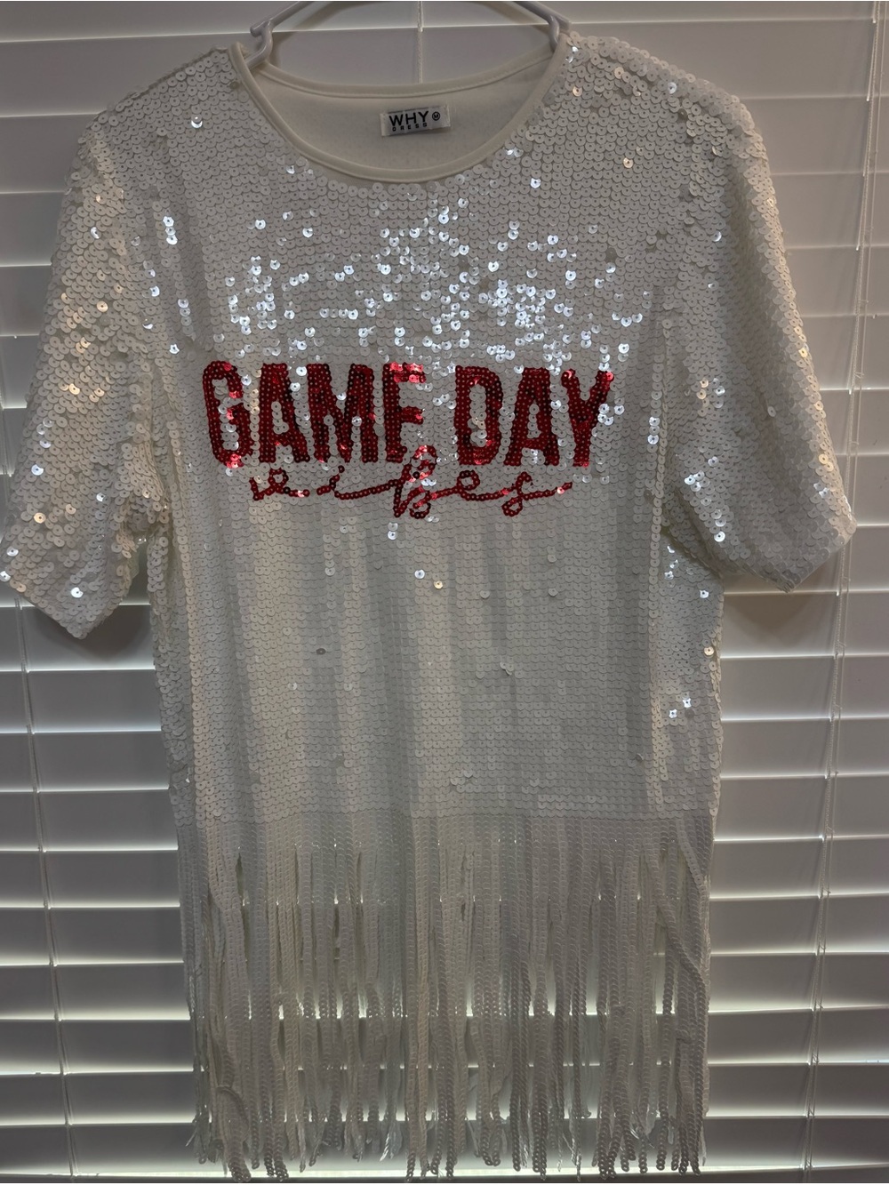 WHY White Sequin 'GAME DAY' Fringe Top with Red Lettering tailgate, football 🏈